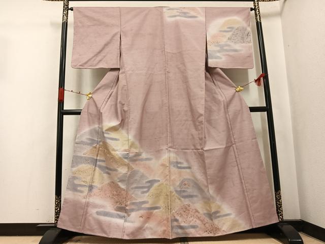 平和屋着物●訪問着 紬地 刺繍 遠山霞草花文 暈し染め 金彩 正絹 逸品 AABJ9340ph