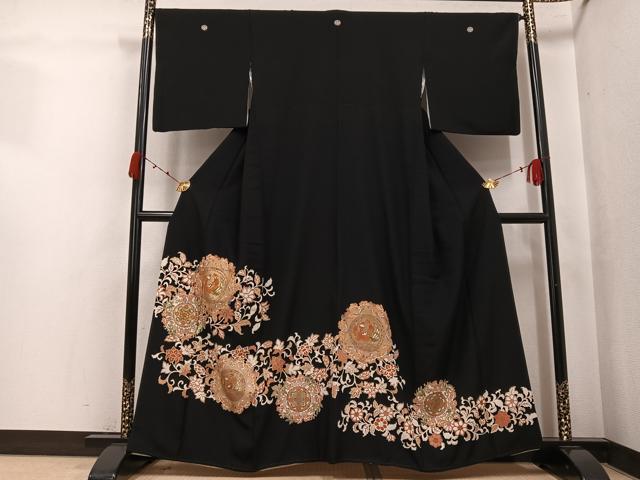 平和屋着物●豪華黒留袖 駒刺繍 鳳凰花唐草文 金彩 正絹 逸品 AABJ9357ph