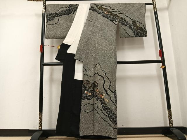 平和屋着物●訪問着 絞り 刺繍 草花青海波 黒地 金彩 正絹 逸品 AABJ9361ph