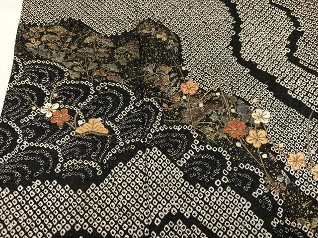 平和屋着物●訪問着 絞り 刺繍 草花青海波 黒地 金彩 正絹 逸品 AABJ9361ph