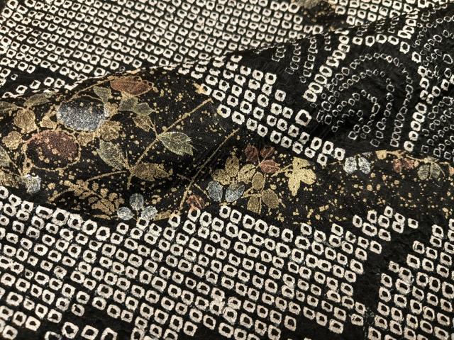 平和屋着物●訪問着 絞り 刺繍 草花青海波 黒地 金彩 正絹 逸品 AABJ9361ph