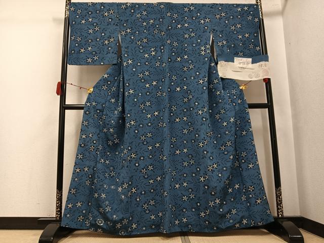 平和屋着物●人間国宝 芹沢圭介一番弟子 下平清人 小紋 朝顔 伊と幸 浜縮緬 反端付き 正絹 逸品 AABJ9365ph