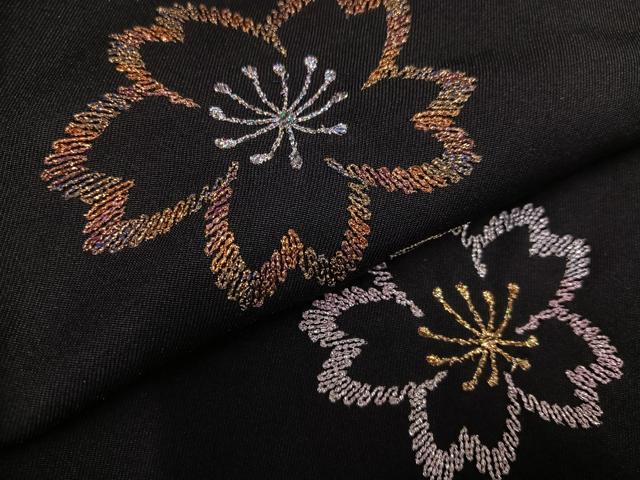 平和屋着物●女性 行灯袴 刺繍 夜桜 黒地 洗える着物 AABJ9367ph