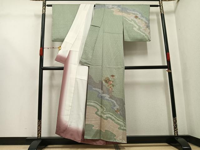 平和屋着物▼中国三大刺繍 汕頭刺繍 スワトウ刺繍 訪問着 絞り 草花文 金彩 正絹 逸品 AABJ9379ph