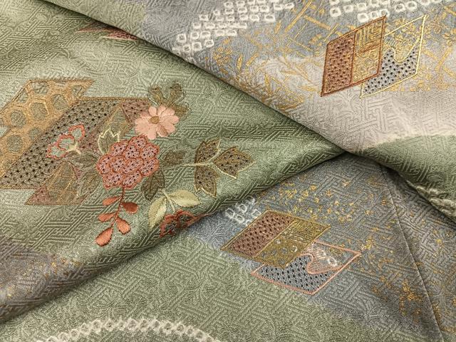 平和屋着物▼中国三大刺繍 汕頭刺繍 スワトウ刺繍 訪問着 絞り 草花文 金彩 正絹 逸品 AABJ9379ph