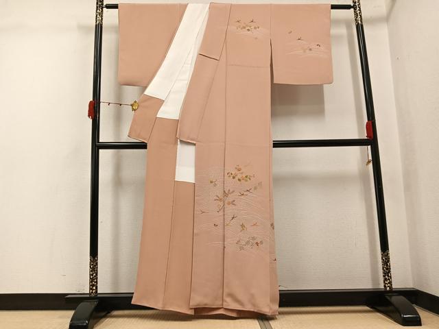 平和屋着物●訪問着 駒刺繍 立波花鳥舞蝶文 金彩 正絹 逸品 AABJ9396ph