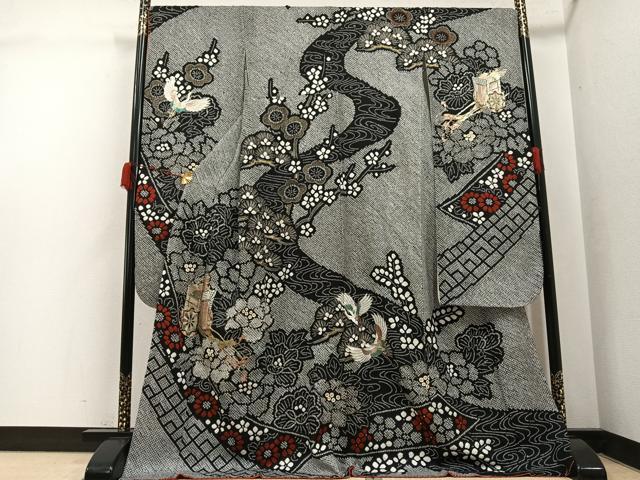 平和屋着物●豪華振袖 絞り 御所車群鶴花文 黒地 金彩 正絹 逸品 AABJ9406ph