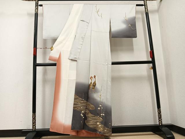 平和屋着物●訪問着 立波枝梅文 冠鶴 暈し染め 金彩 正絹 逸品 AABJ9428ph
