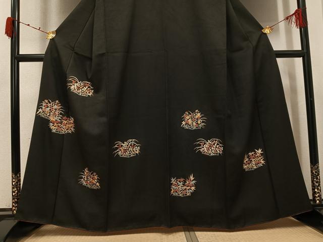 平和屋着物●訪問着 刺繍 草花文 黒地 金彩 正絹 逸品 AABJ9433ph