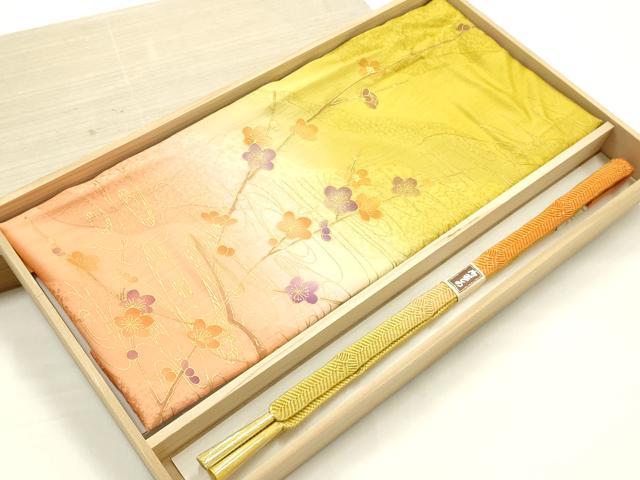 平和屋本店●和装小物 帯締め・帯揚げセット 笹浪組 流水枝梅文 金糸 金彩 暈し染め 正絹 逸品 未使用 AABJ9442ay