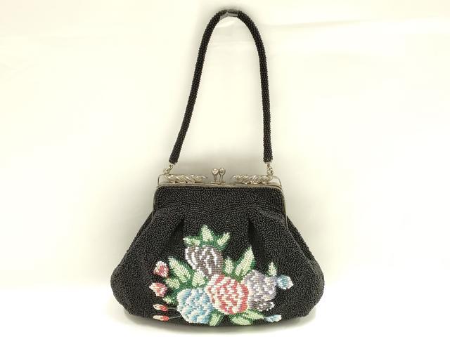 平和屋着物▼和装小物 和装バッグ ビーズバッグ ハンドバッグ がま口 花柄 逸品 AABJ9481ay