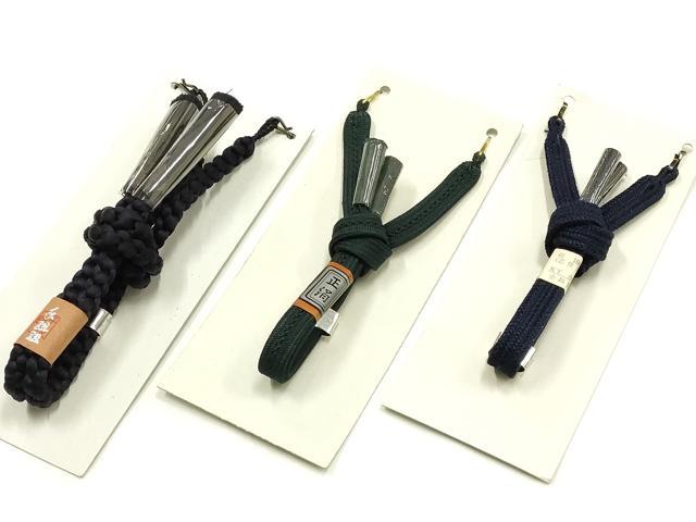 平和屋着物●男性　和装小物　羽織紐3点　平組　丸組　紺色・緑色系　切り房・撚り房　正絹　逸品　未使用　AABF9961ay 平和屋着物▽男性 和装小物 羽織紐まとめて3点 平組・丸
