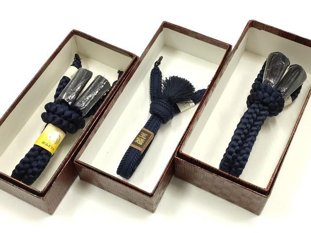 平和屋着物▼男性 和装小物 羽織紐まとめて3点 平組・丸組 紺色系 切り房・撚り房 松みどり 逸品 AABJ9522ay