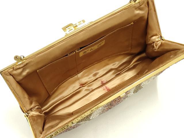 平和屋着物▼和装小物 和装バッグ ハンドバッグ ビーズバッグ チェーンバッグ よろけ縞 ラインストーン 逸品 AABJ9582ay