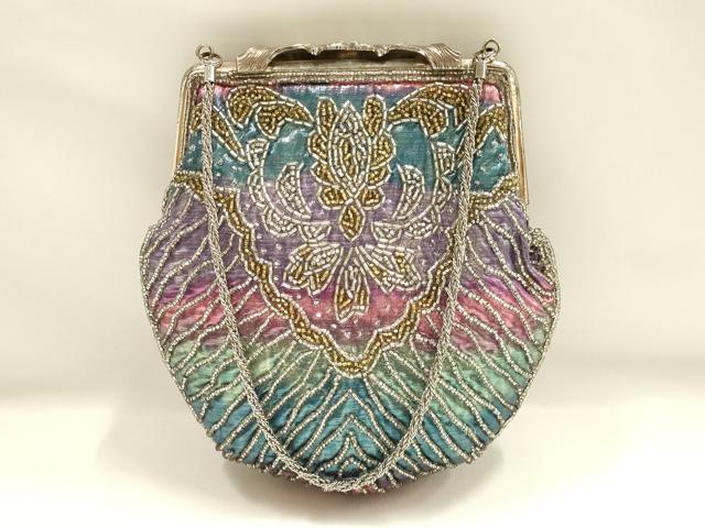 平和屋着物▼和装小物 和装バッグ ハンドバッグ ビーズバッグ チェーンバッグ 花柄 更紗 逸品 AABJ9588ay