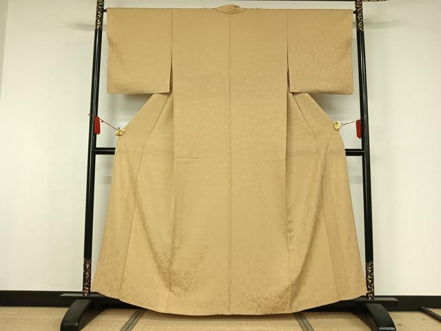 平和屋着物▽無地絵羽訪問着 単衣 横段花丸地紋 丁子色 正絹 逸品 AABJ9631jh