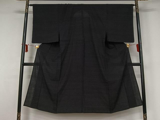 平和屋着物▽男性 お召 単衣 十字絣 黒地 正絹 逸品 AABJ9634jh