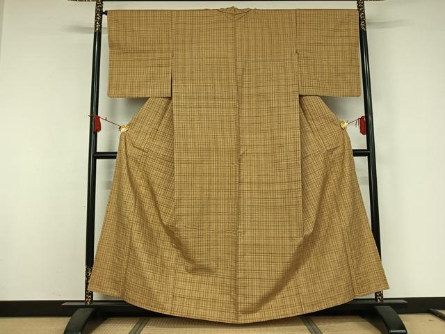 平和屋着物▽上質な紬 単衣 格子 正絹 逸品 AABJ9636jh