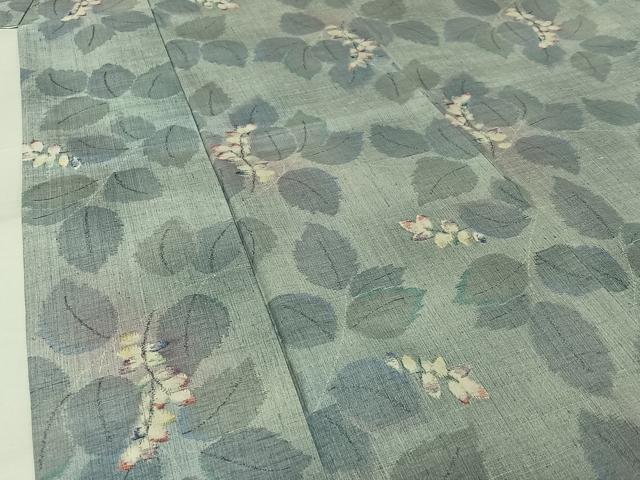 平和屋着物▽小千谷紬 単衣 草葉文 正絹 逸品 AABJ9650jh