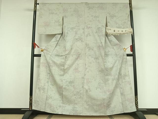 平和屋着物▽生紬 単衣 草花文 反端付き 正絹 逸品 AABJ9658jh