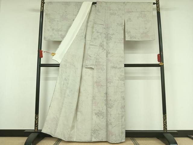 平和屋着物▽生紬 単衣 草花文 反端付き 正絹 逸品 AABJ9658jh