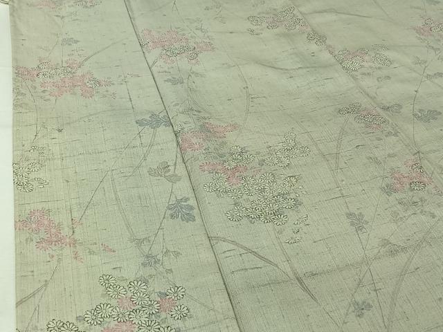 平和屋着物▽生紬 単衣 草花文 反端付き 正絹 逸品 AABJ9658jh