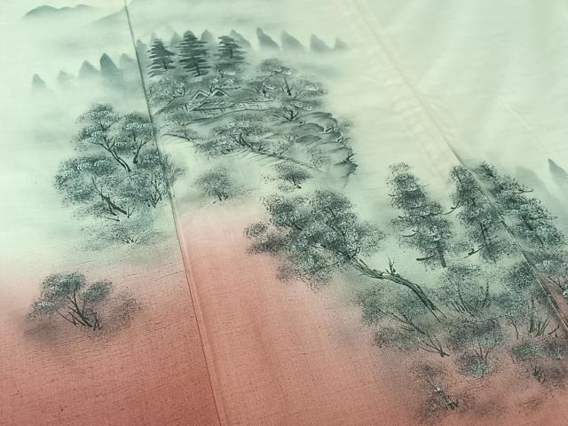平和屋着物▽訪問着 単衣 紬地 手描き 風景文 暈し染め 正絹 逸品 AABJ9663jh