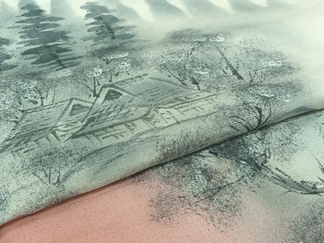 平和屋着物▽訪問着 単衣 紬地 手描き 風景文 暈し染め 正絹 逸品 AABJ9663jh