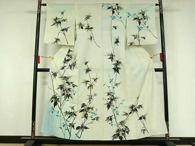 平和屋着物▽訪問着 単衣 手描き 枝葉文 暈し染め 金銀彩 洗える着物 AABJ9681jh
