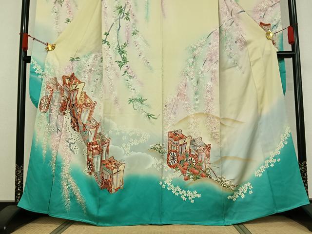 平和屋着物▽豪華振袖 単衣 駒刺繍 御所車花文 暈し染め 金彩 正絹 逸品 AABJ9698jh