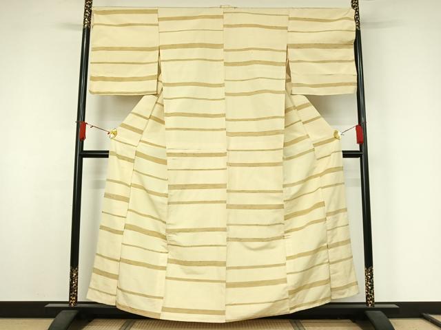 平和屋着物▽上質な紬 単衣 横段文 正絹 逸品 AABJ9701jh
