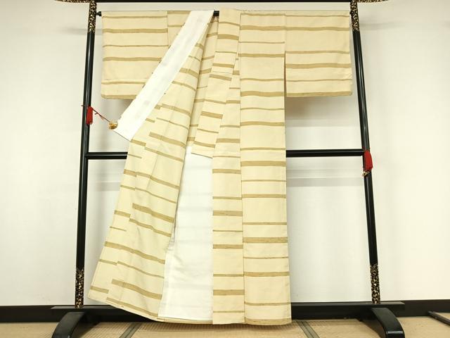 平和屋着物▽上質な紬 単衣 横段文 正絹 逸品 AABJ9701jh