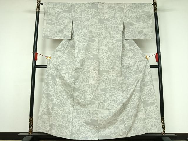 平和屋着物▽結城紬 単衣 100亀甲 流水風景文 正絹 逸品 AABJ9711jh