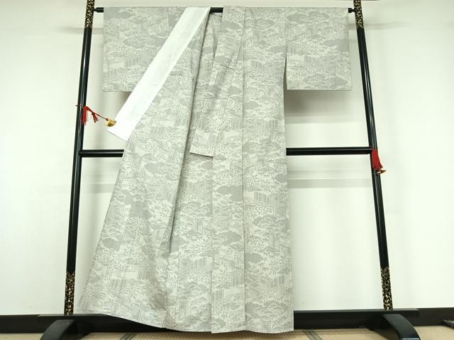 平和屋着物▽結城紬 単衣 100亀甲 流水風景文 正絹 逸品 AABJ9711jh