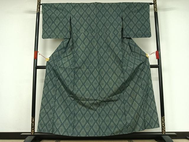 平和屋着物▽上質な紬 単衣 菱文 正絹 逸品 AABJ9718jh