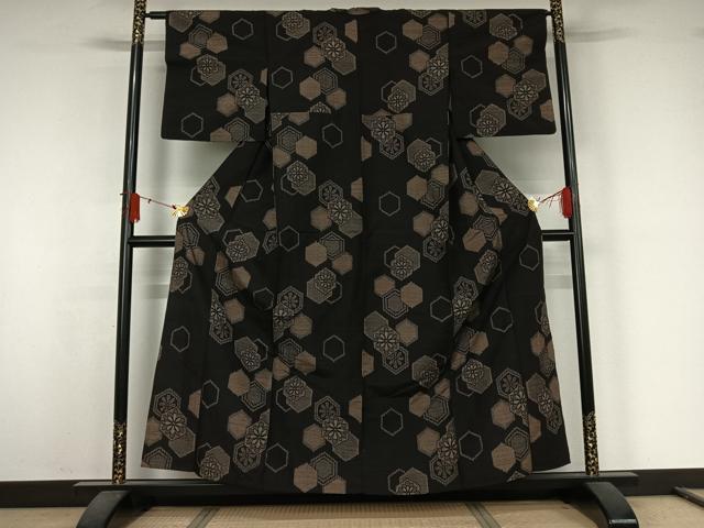 平和屋着物▽上質な紬 単衣 亀甲花文 正絹 逸品 AABJ9721jh
