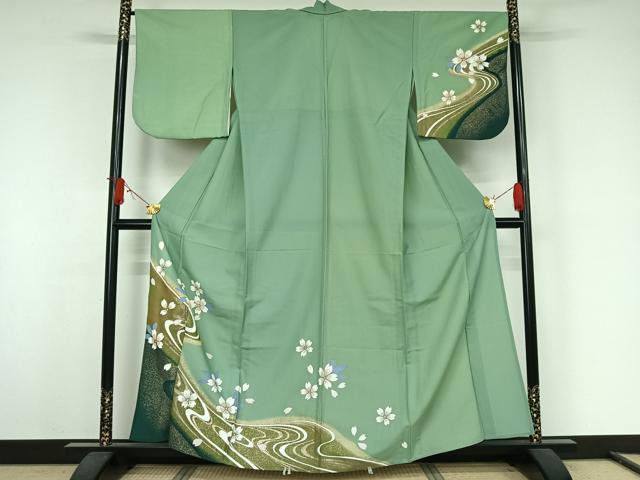 平和屋着物▽訪問着 単衣 流水舞桜文 金彩 洗える着物 AABJ9723jh