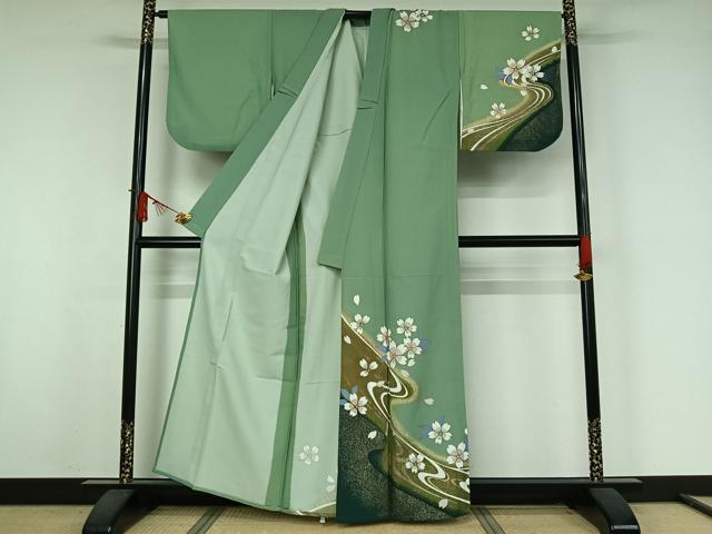 平和屋着物▽訪問着 単衣 流水舞桜文 金彩 洗える着物 AABJ9723jh