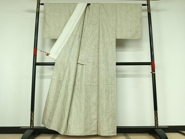 平和屋着物▽上質な紬 単衣 笹の葉文 正絹 逸品 AABJ9726jh