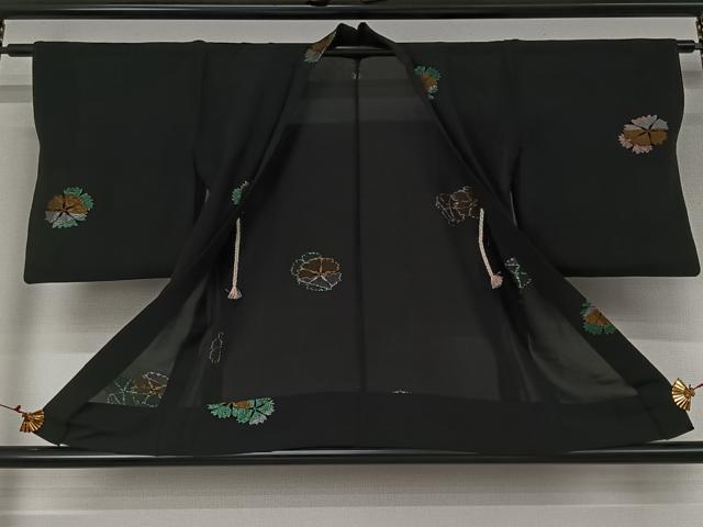 平和屋着物▽羽織 スリーシーズン 春夏秋 塵除け 刺繍 舞花文 黒地 金銀糸 正絹 逸品 AABJ9728jh