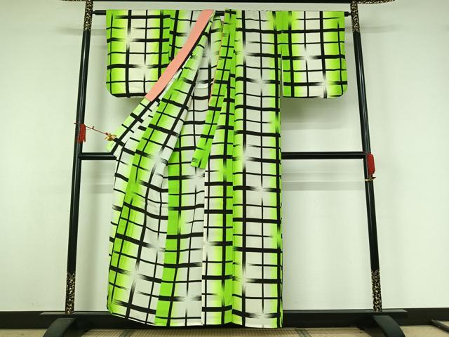 平和屋着物▽小紋 単衣 格子 暈し染め 洗える着物 AABJ9734jh