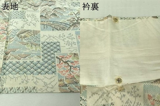平和屋着物▽上質な紬 単衣 風景花文 正絹 逸品 AABJ9746jh