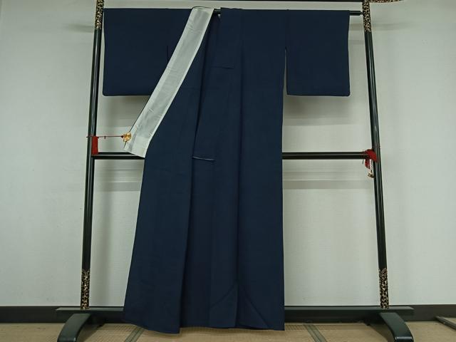 平和屋着物▽大正の浮世絵師 竹久夢二 夢二ロマン 色無地 単衣 舞花地紋 濃紺色 正絹 逸品 AABJ9757jh