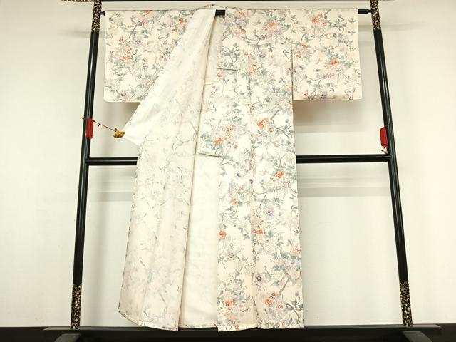 平和屋着物▽上質な小紋 単衣 手描き 枝花文 正絹 逸品 AABJ9762jh