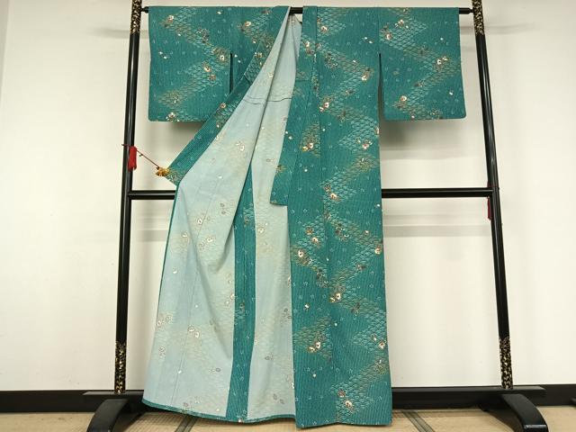 平和屋着物▽小紋 単衣 草花文 金彩 洗える着物 AABJ9768jh