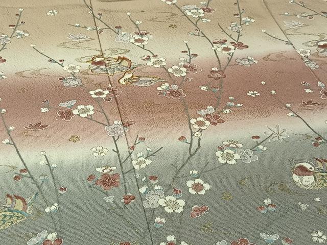 平和屋着物▽訪問着 単衣 駒刺繍 流水鴛鴦花文 暈し染め 金彩 正絹 逸品 AABJ9786jh