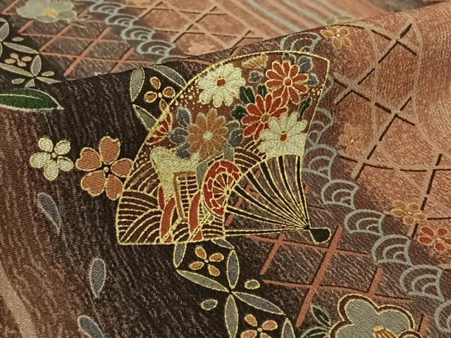 平和屋着物▽上質な小紋 単衣 扇面花文 金彩 正絹 逸品 AABJ9791jh