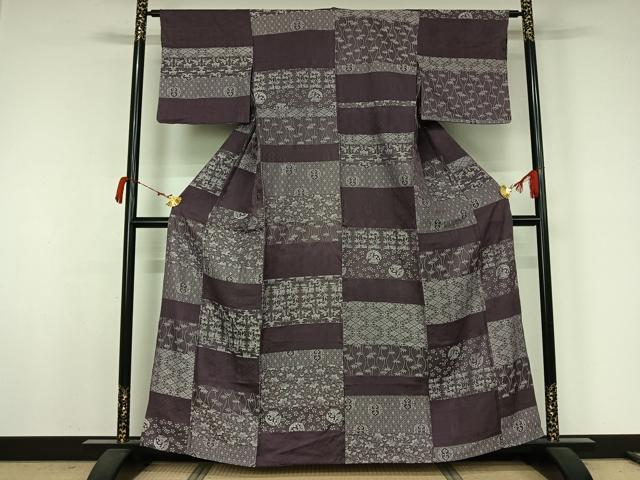 平和屋着物▽お召 単衣 天目織 横段花鳥文 正絹 逸品 AABJ9798jh