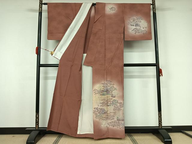 平和屋着物▽訪問着 単衣 紬地 風景花文 正絹 逸品 AABJ9820jh