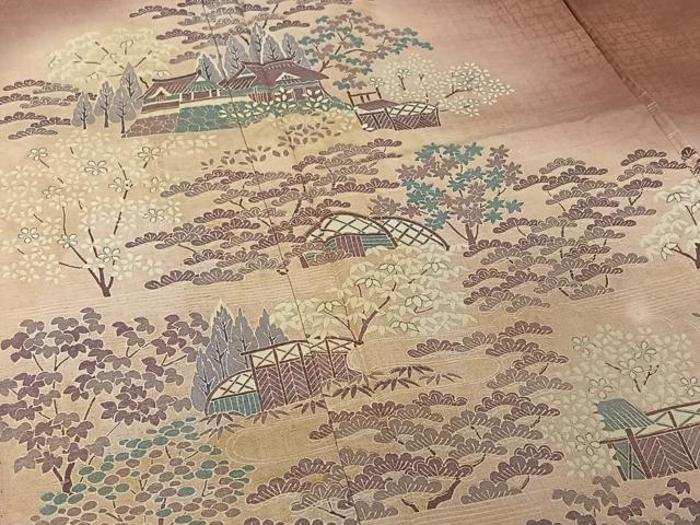 平和屋着物▽訪問着 単衣 紬地 風景花文 正絹 逸品 AABJ9820jh